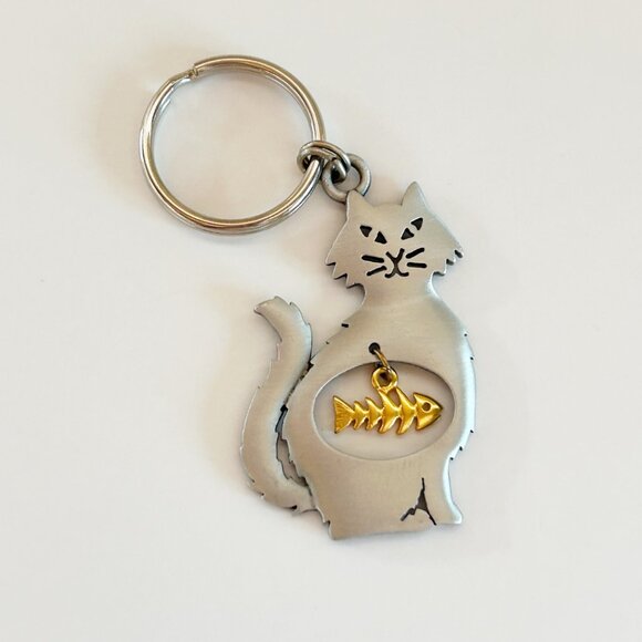 Vintage JJ Jonette Cat Keychain w Gold Fish Charm Silver & Gold Tone - Picture 6 of 6